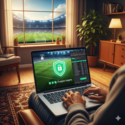 An image of a person using a laptop with a sports gambling website visible on the screen. The laptop shows a secure lock icon and a glowing shield symbol, suggesting safety and trust. A large window in the background reveals a soccer stadium, tying the scene to European sports betting.