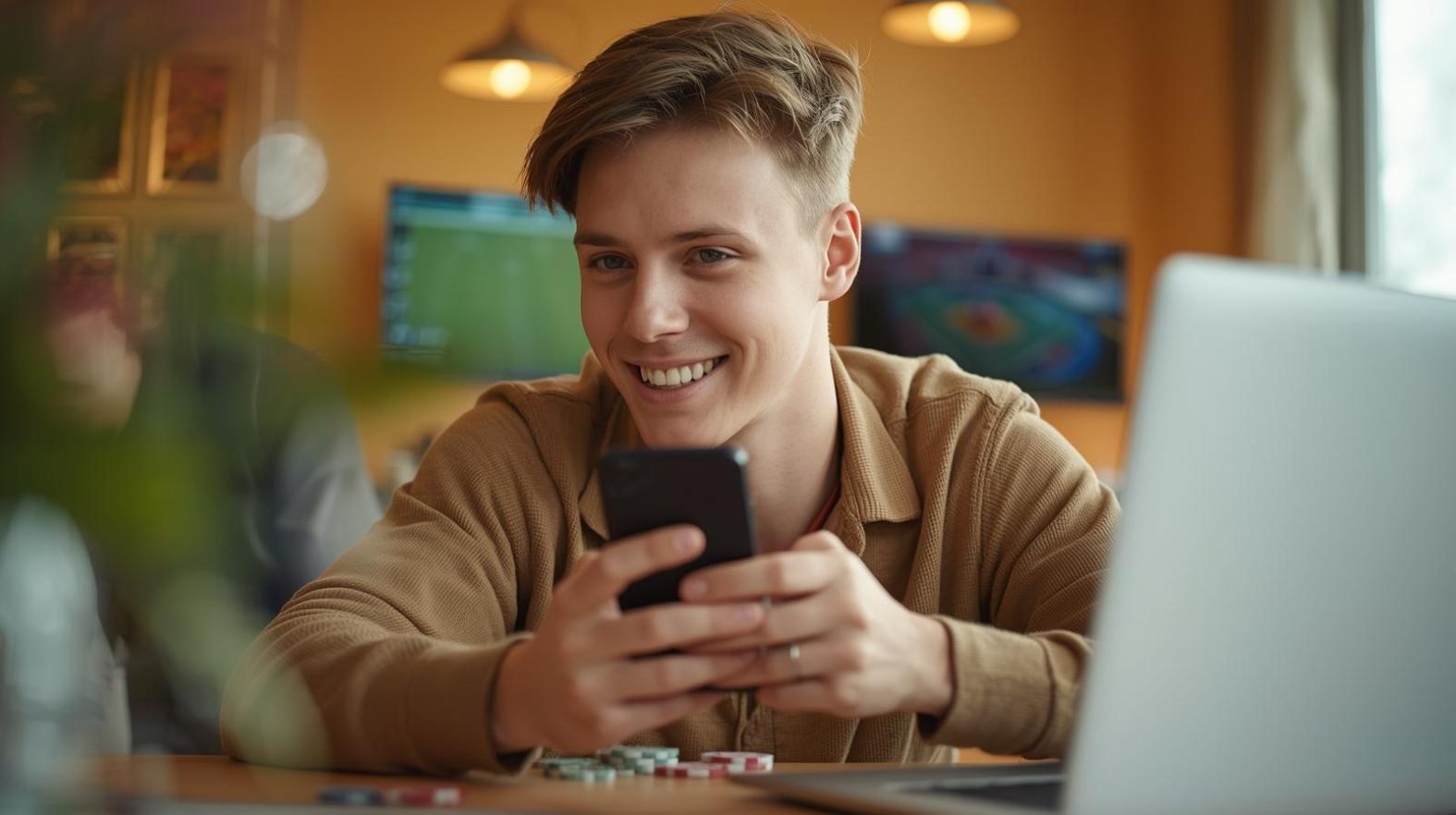 Happy person multitasking sports betting and casino play on blurred digital screens.