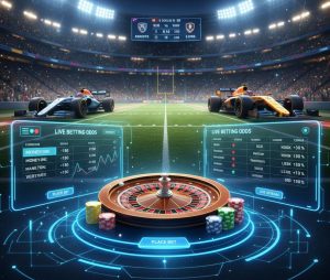A dynamic sports-themed illustration combining football stadiums, racing elements, and digital casino betting screens