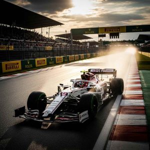 A high-speed motorsports race with cars navigating a wet track