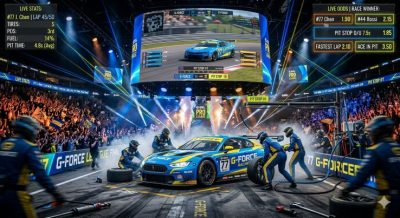 A dynamic racing pit stop scene with a car surrounded by a pit crew in motion